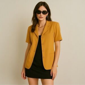 Vintage Silk Short Sleeve Blazer Size 10 Golden Yellow Minimalist 90s